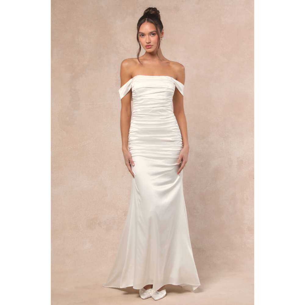 Lulus Torri White Satin Off-the-shoulder Maxi Dress - Size S